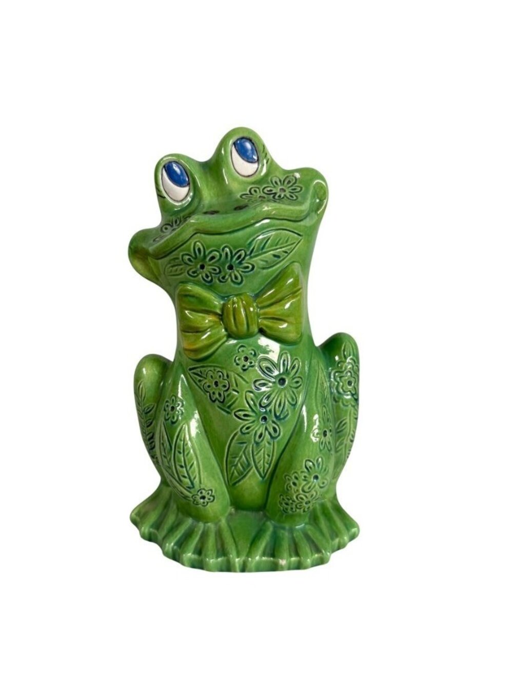 Vintage Ceramic Frog Coin Bank Figure Green Bow Tie Lake House Cottage Granny 9"